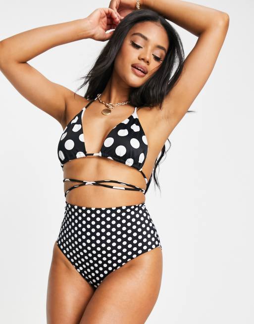 ASOS DESIGN – Mieszaj i łącz – Czarno-biały dół od bikini z podwyższonym stanem i wzorem w groszki