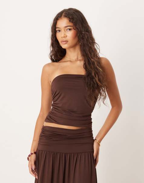 ASOS DESIGN mix & match ruched bandeau top in chocolate