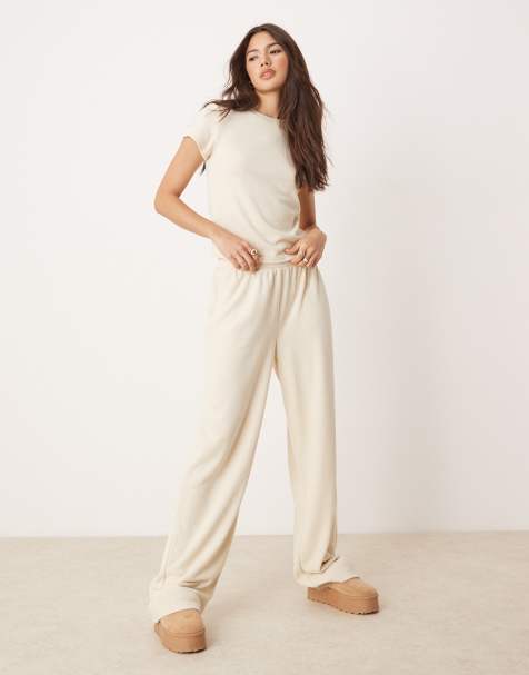 ASOS DESIGN mix & match lounge fluffy sock wide leg trouser in cream