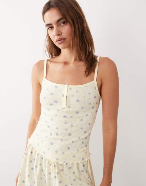 ASOS DESIGN – Mieszaj i łącz – Kremowożółty top od piżamy na ramiączkach z dzianiny pointelle w drobny niebieski wzór - view 1