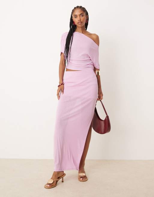 ASOS DESIGN – Mieszaj i łącz – Liliowa marszczona spódnica maxi z prześwitującej siateczki z rozcięciem z boku