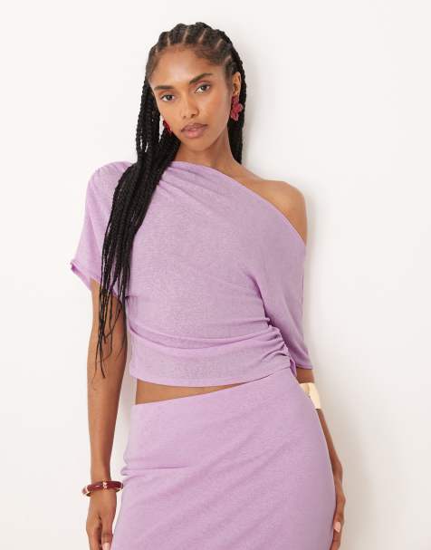 ASOS DESIGN – Mieszaj i łącz – Liliowy marszczony top z odkrytymi ramionami z prześwitującej siateczki - view 1