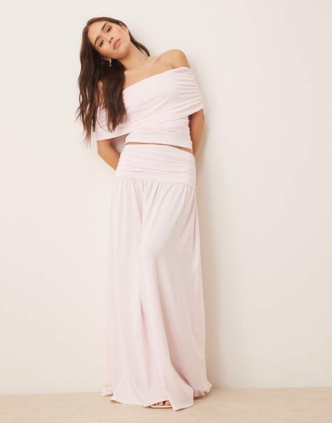 ASOS DESIGN mix & match drop waist ruched maxi skirt in pastel pink