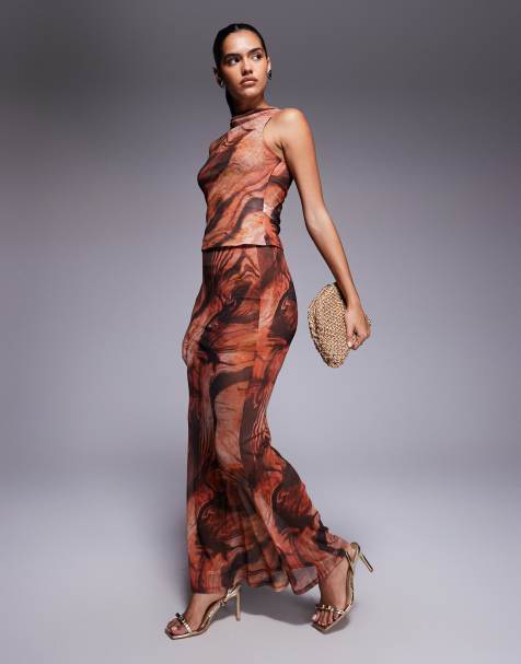 ASOS DESIGN mix & match sheer mesh fishtail maxi skirt in orange abstract print