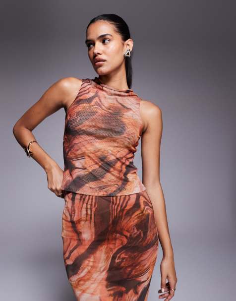 ASOS DESIGN mix & match sheer mesh high cowl neck tank top in orange abstract print