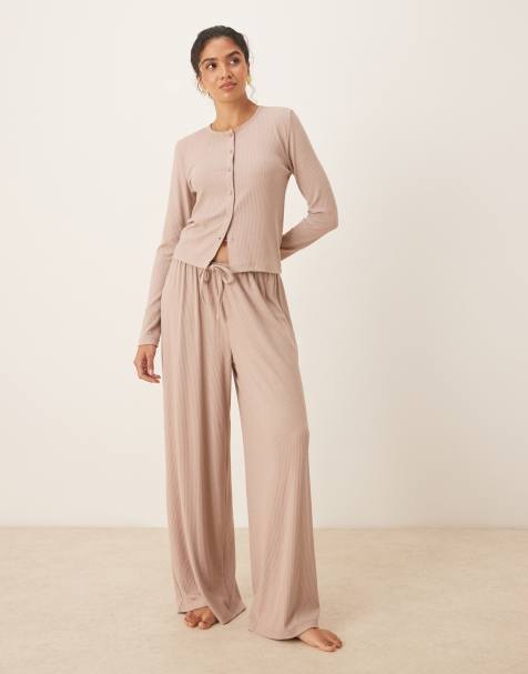 ASOS DESIGN – Mieszaj i łącz – Prążkowane kremowe spodnie domowe z szerokimi nogawkami - view 1