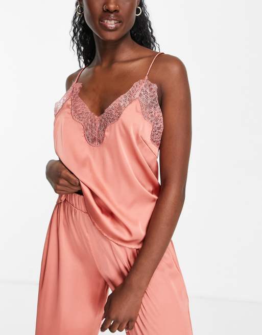 ASOS DESIGN – Mieszaj i łącz – Satynowa góra na ramiączkach od piżamy z koronką w kolorze rdzy