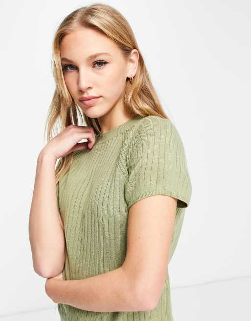 ASOS DESIGN – Mieszaj i łącz – Wygodny T-shirt premium w kolorze khaki z prążkowanej dzianiny