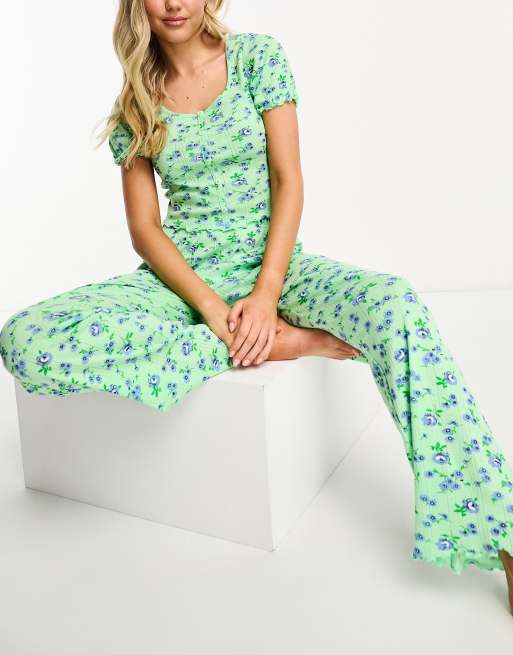 ASOS DESIGN – Mieszaj i łącz – Zielone spodnie od piżamy z tkaniny pointelle w kwiatowy wzór