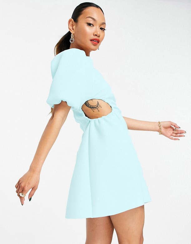  Kolekcje Szukam ASOS DESIGN– Miętowa sukienka mini z bufkami i obszytym tunelem wycięciem Miętowy