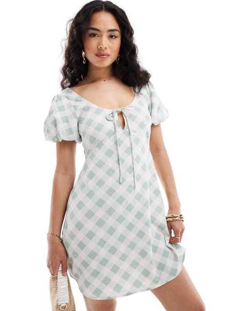 ASOS DESIGN – Miętowa sukienka mini z bufkami w kratkę vichy - view 1