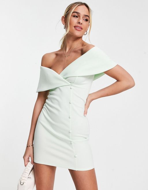ASOS DESIGN – Miętowa sukienka mini z guzikami i odsłoniętymi ramionami |  ASOS