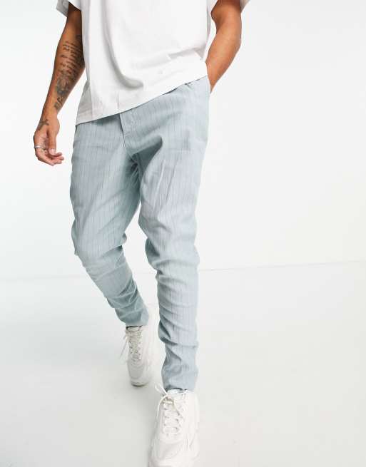 ASOS DESIGN – Miętowe eleganckie lniane spodnie o dopasowanym kroju z podwyższonym stanem i wzorem w prążki