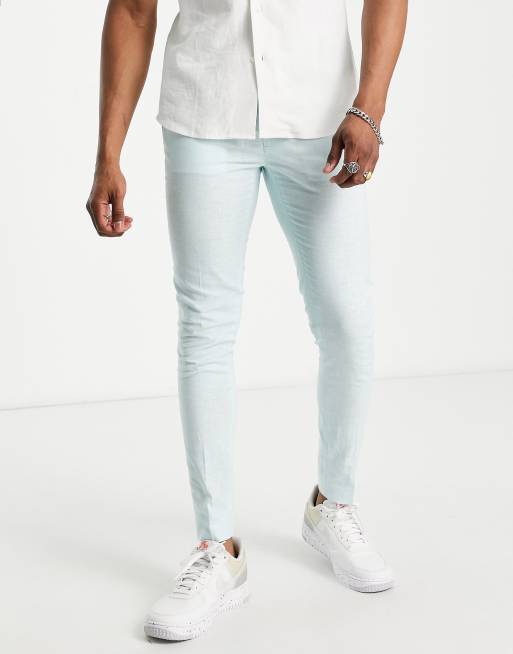 ASOS DESIGN – Miętowe eleganckie spodnie o obcisłym kroju z mieszanki lnu w kratę księcia Walii