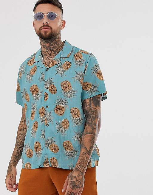 ASOS DESIGN mike regular fit pineapple print shirt in dusty blue | ASOS