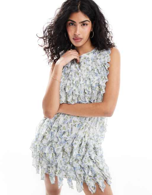 ASOS DESIGN – Mikro-Minikleid mit Rüschen und blauem Blümchenmuster