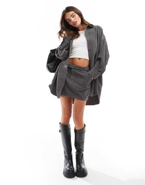 ASOS DESIGN – Mikro-Minirock aus Cord in Grau mit Gürtel, Kombiteil - view 1