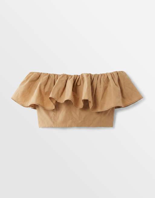 ASOS DESIGN – Mikro-Oberteil aus Popeline in Hellbraun mit Rüschen, Kombiteil, 6 von 8