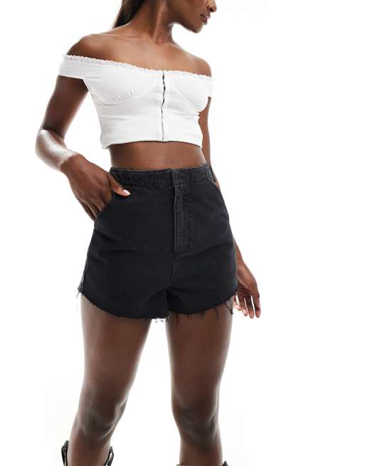 ASOS DESIGN - Mikroshorts i denim med sort vask og indsnøring i taljen