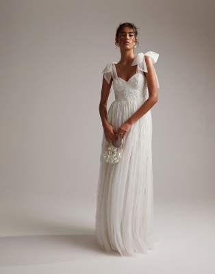 Mila floral embellished mesh wedding dress with tie straps in ivory-White