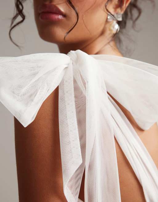 ASOS DESIGN Mila floral embellished mesh wedding dress with tie straps in ivory, 2 of 6