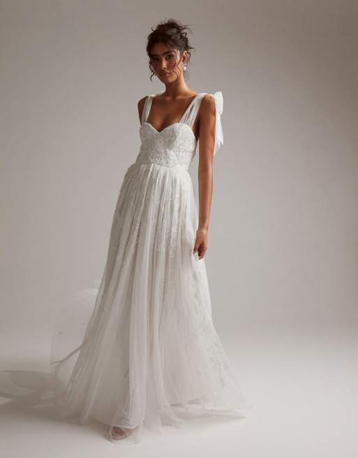 ASOS DESIGN Mila floral embellished mesh wedding dress with tie straps in  ivory