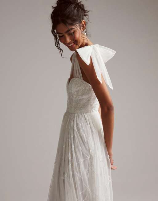 ASOS DESIGN Mila floral embellished mesh wedding dress with tie straps in, 5 of 6