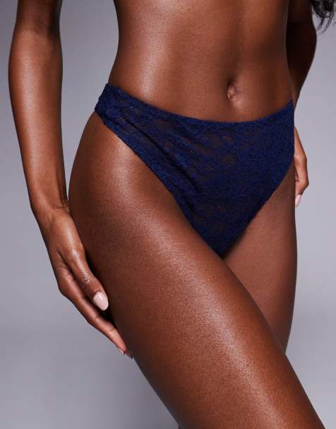 ASOS DESIGN – Mila – Granatowe koronkowe stringi z podwyższonym stanem - view 1
