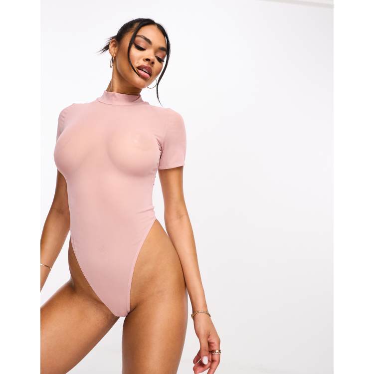 ASOS DESIGN Mila mesh smoothing body with short sleeves in mink