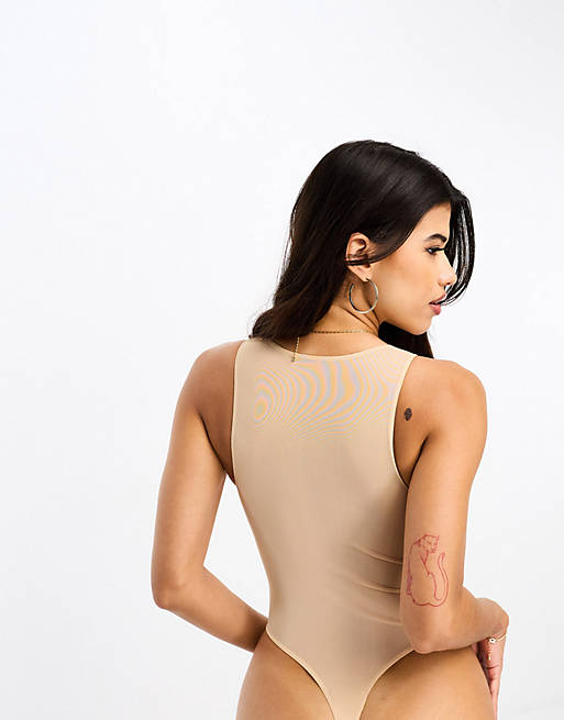 ASOS DESIGN Mila mesh smoothing high neck bodysuit in beige