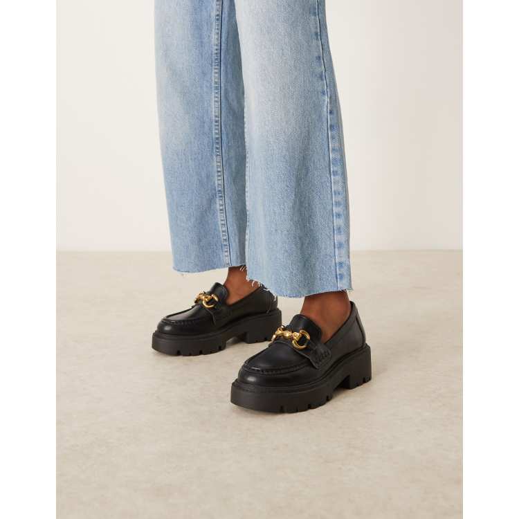  Black Loafers with Gold Chain Detail ASOS Design black leather with gold chain slip on women main image 2