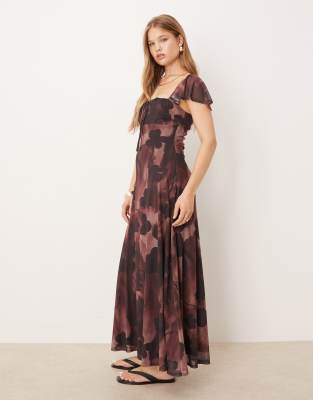 ASOS DESIGN - Milchmädchen-Maxikleid aus Netzstoff mit Puffärmeln und Blumenmuster-Bunt