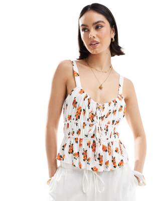ASOS DESIGN - Milchmädchen-Oberteil mit orangefarbenem Print und Zickzack-Besätzen-Bunt