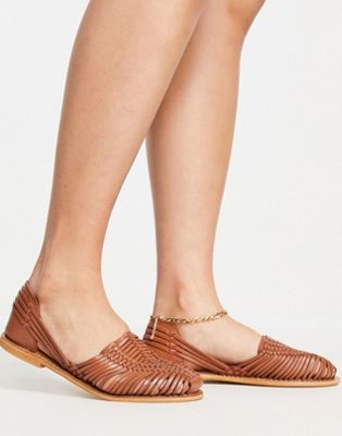 ASOS DESIGN Mileage woven leather flat shoes in tan