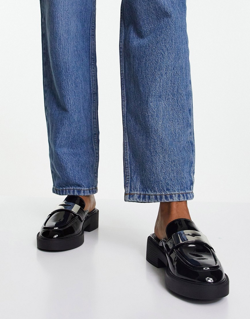ASOS DESIGN Miles chunky loafer flat mules in black patent