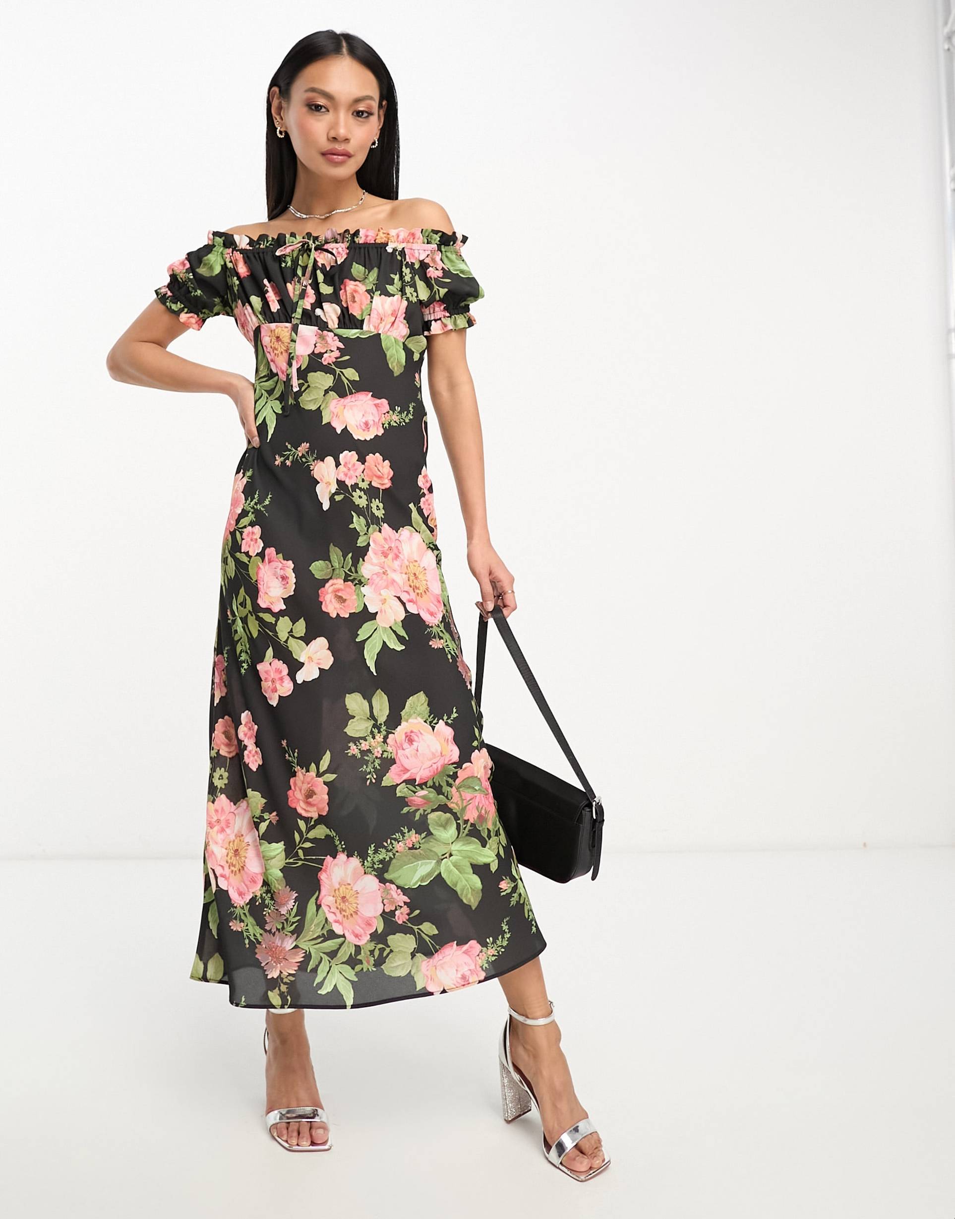 asos design milkmaid bardot midi dress with tie front neck in rose floral