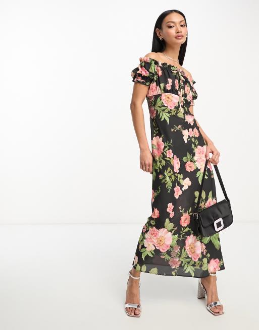 ASOS DESIGN milkmaid bardot midi dress with tie front neck in rose