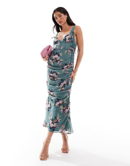 ASOS DESIGN milkmaid lace insert ruched side midi dress in floral print