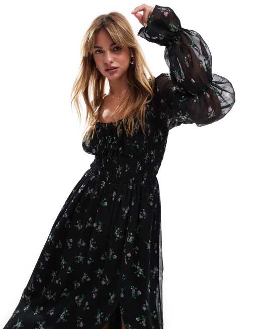 ASOS DESIGN milkmaid long sleeve shirred waist midaxi dress in floral print ASOS