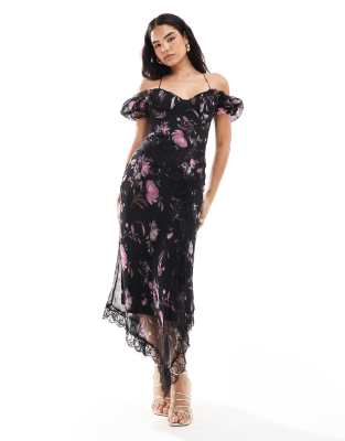 milkmaid midi dress with lace trims in dark floral print-Multi