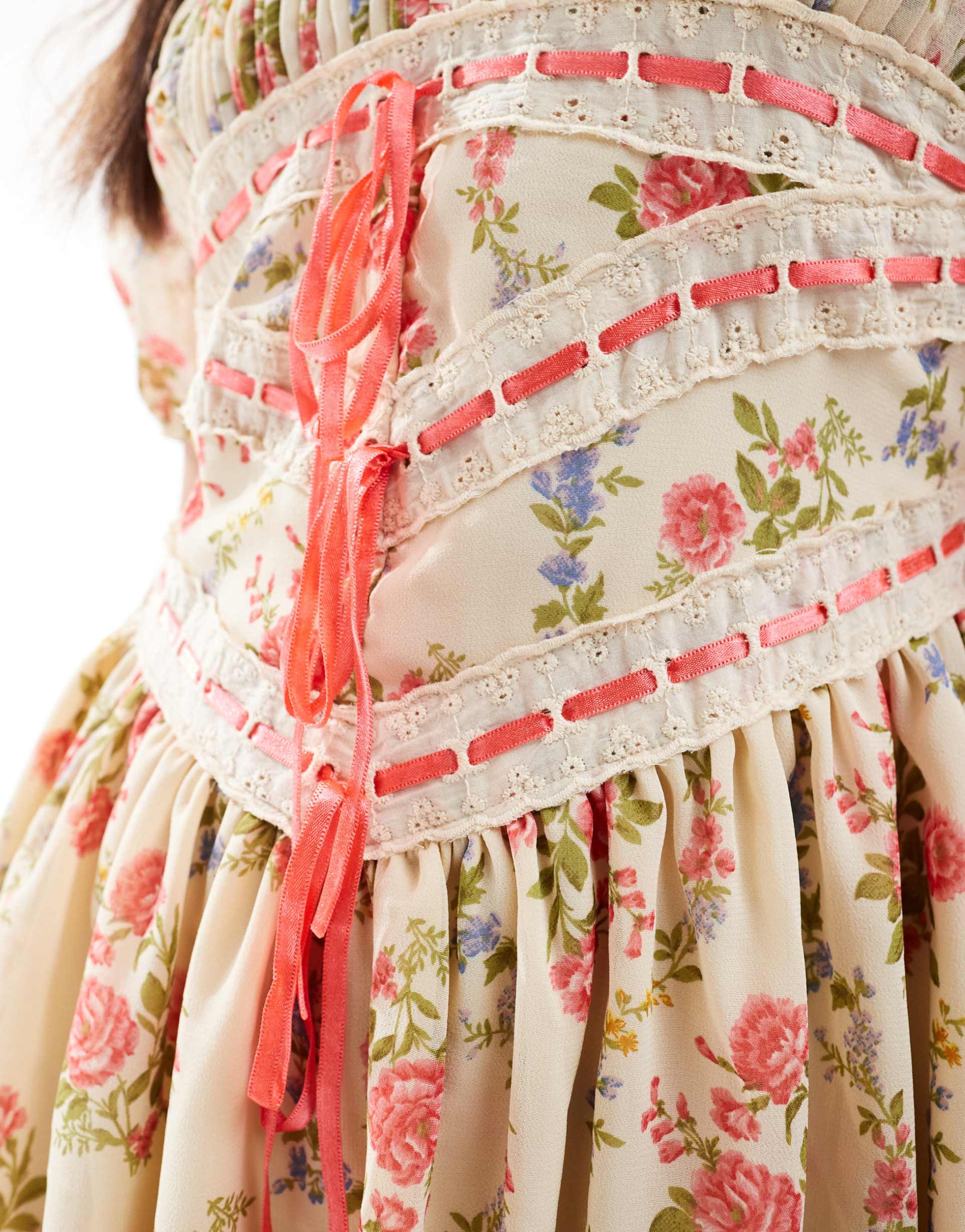 asos design milkmaid mini dress with ribbon detail in vintage wallpaper floral print