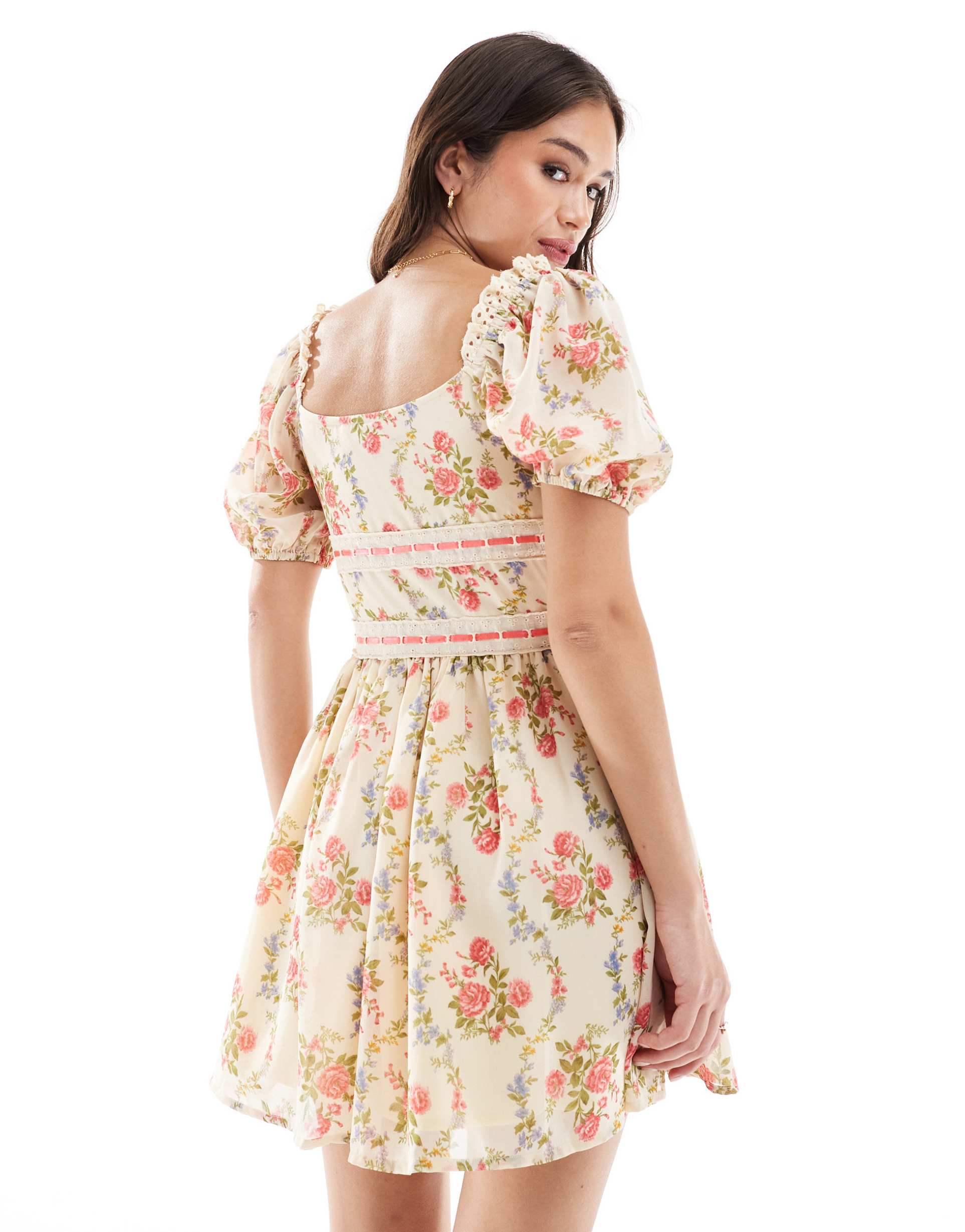 asos design milkmaid mini dress with ribbon detail in vintage wallpaper floral print