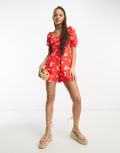 [ASOS DESIGN] ASOS DESIGN milkmaid playsuit in red daisy print-Multi 6 Red daisy print