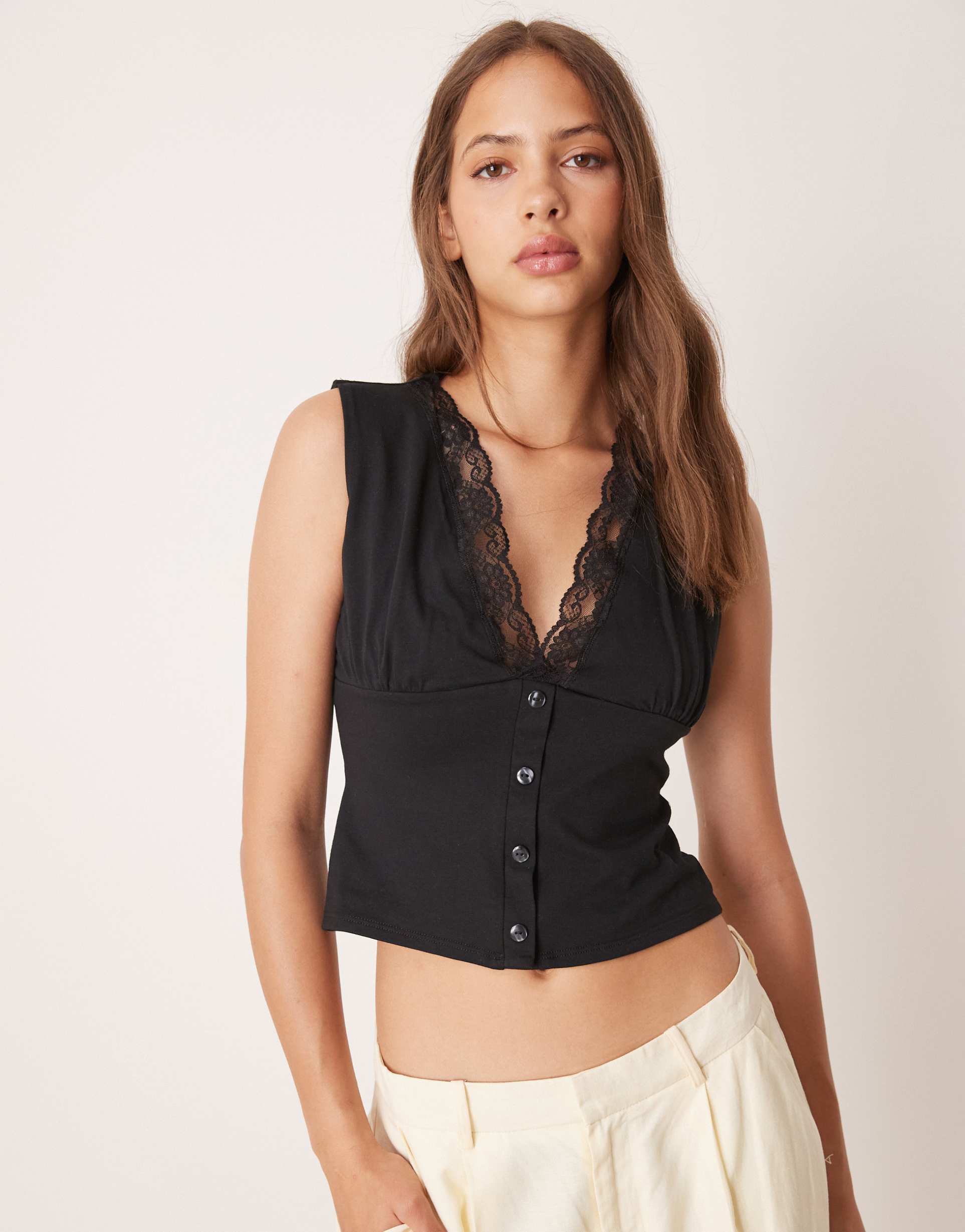 asos design milkmaid plunge button detail top with lace trim in black