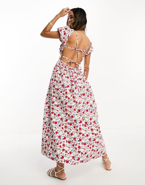 ASOS DESIGN milkmaid ruched bust midi dress with open tie back in bright floral print - view 1