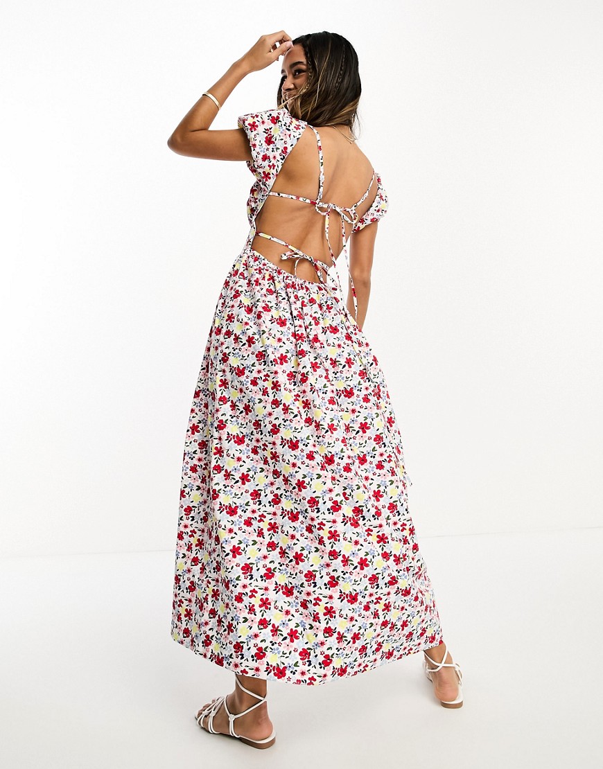 Asos Design Milkmaid Ruched Bust Midi Dress With Open Tie Back In Bright Floral Print-multi