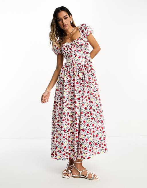 ASOS DESIGN milkmaid ruched bust midi dress with open tie back in bright floral print ASOS