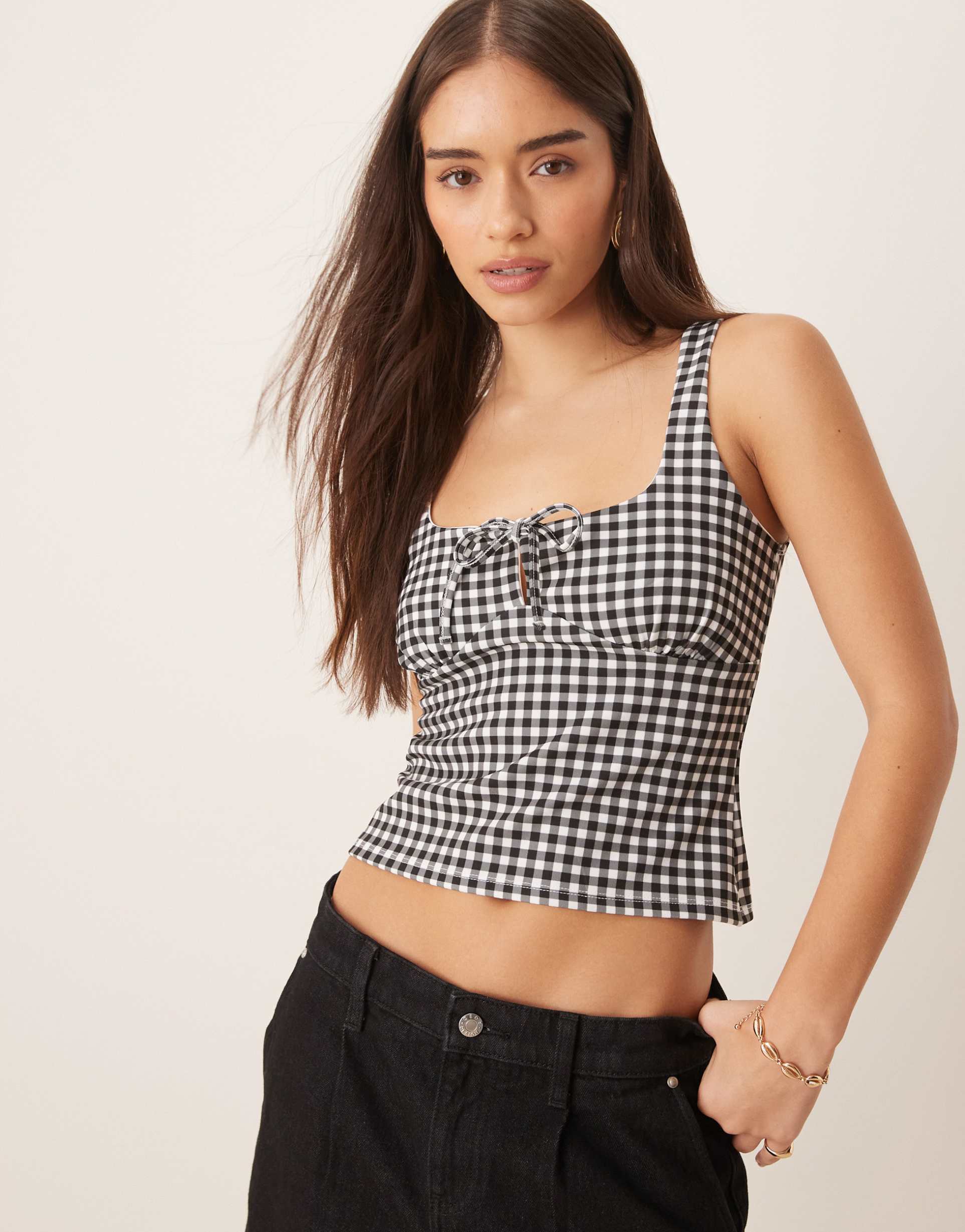 asos design milkmaid ruched bust top with tie detail in black gingham print