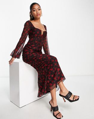 ASOS DESIGN milkmaid ruched detail midi dress with flared sleeves in black and red floral print