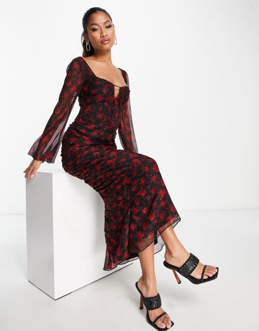 ASOS DESIGN milkmaid ruched detail midi dress with flared sleeves in black  and red floral print